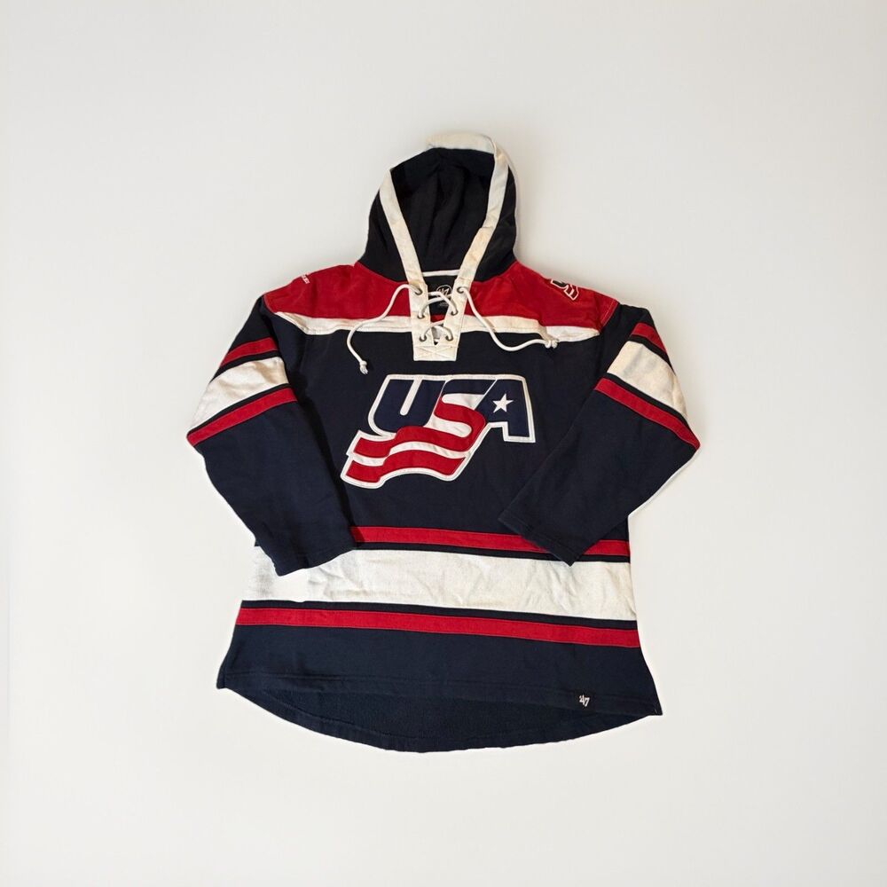 NWOT 47 Brand USA Hockey Lace Up Hoodie Men’s Large Navy Red White Pullover